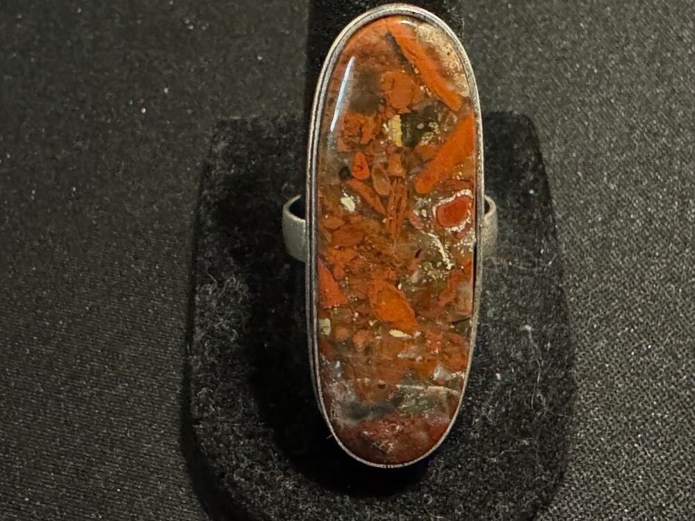 Vintage 925 Silver Red Brecciated Jasper Hand Crafted Statement Ring Size 7.5